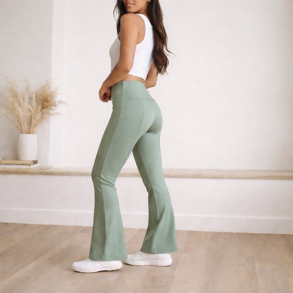 Hot Kiss Sage Green Flare Leggings High Waist Yoga Pants Y2K Large Gym Lounge - Picture 1 of 8